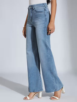 Women Light Blue Wide-Leg High-Rise Regular Stretchable Jeans