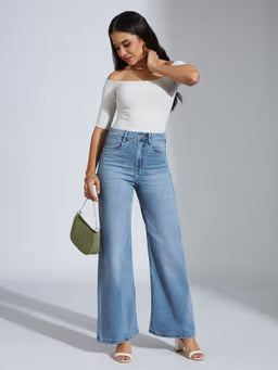 Women Light Blue Wide-Leg High-Rise Regular Stretchable Jeans