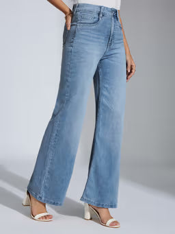 Women Light Blue Wide-Leg High-Rise Regular Stretchable Jeans