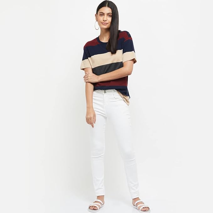 Max Women's Cotton Regular Fit Striped Round Neck T-Shirt