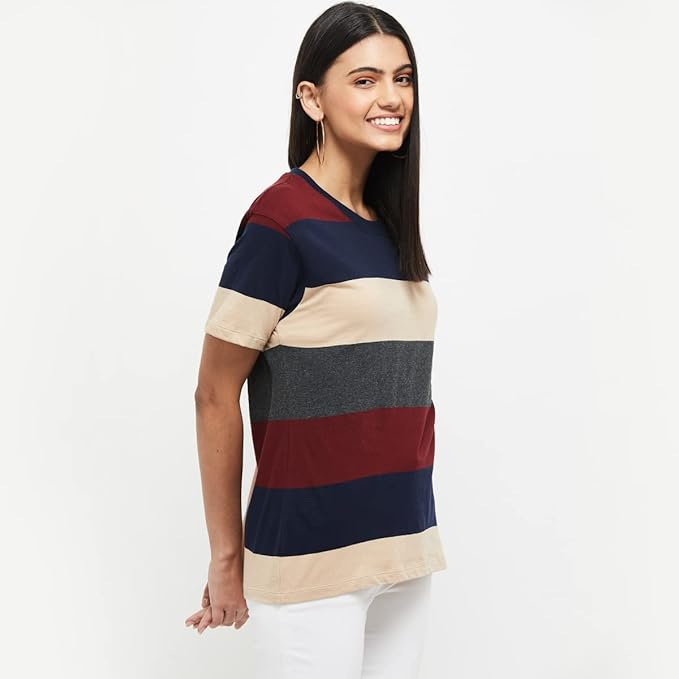 Max Women's Cotton Regular Fit Striped Round Neck T-Shirt