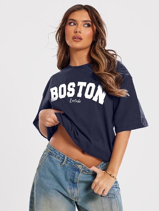 LEOTUDE Women Cotton Oversized Half Sleeve Tshirt , Round Neck Longline Printed Drop Shoulder T-Shirt