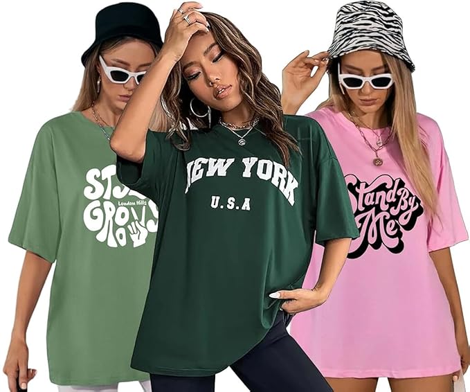 London Hills Women's Cotton Oversized Fit Printed Round Neck Oversized T-Shirt | Loose Fit Drop Shoulder T-Shirt Pack of 3