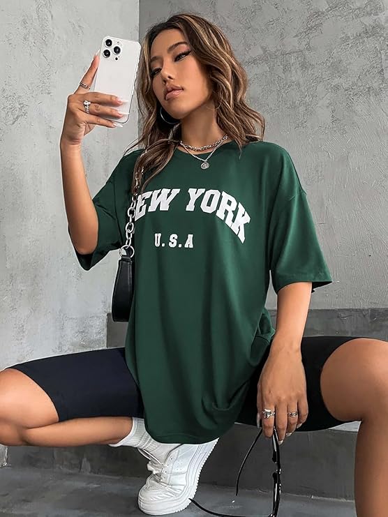 London Hills Women's Cotton Oversized Fit Printed Round Neck Oversized T-Shirt | Loose Fit Drop Shoulder T-Shirt Pack of 3