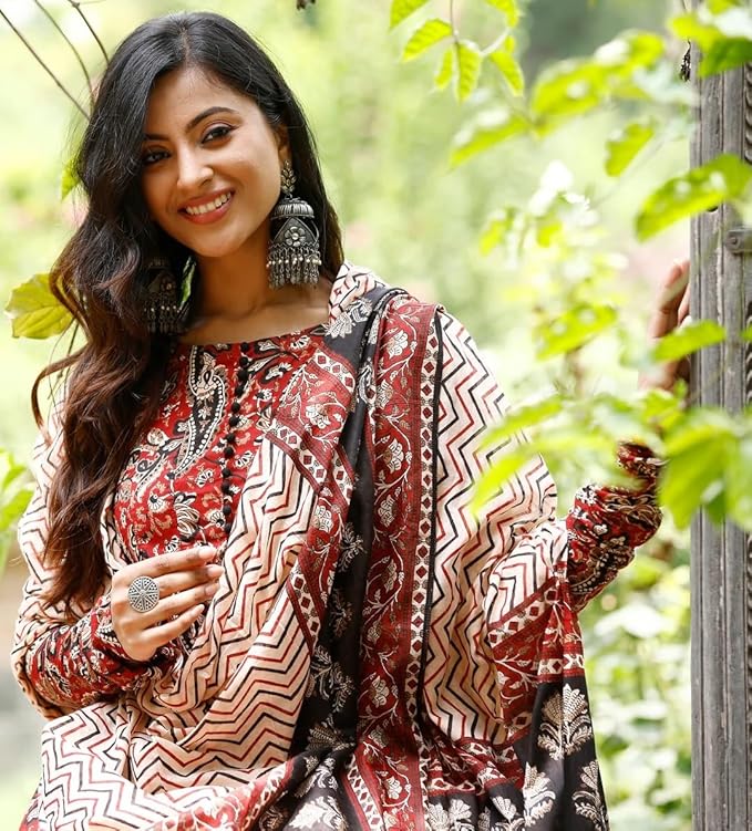 Nermosa Women Printed Anarkali Kurta and Pant Set with Dupatta