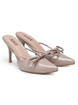 Pointed Bow Nude Stiletto Mules Heels