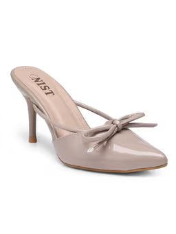 Pointed Bow Nude Stiletto Mules Heels
