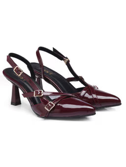 Pointed Bow Burgundy Stiletto Mules Heels